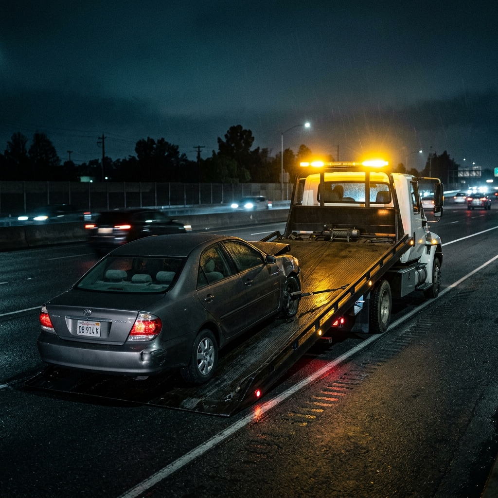 Flatbed tow truck carrying pickup truck at night in Franklin