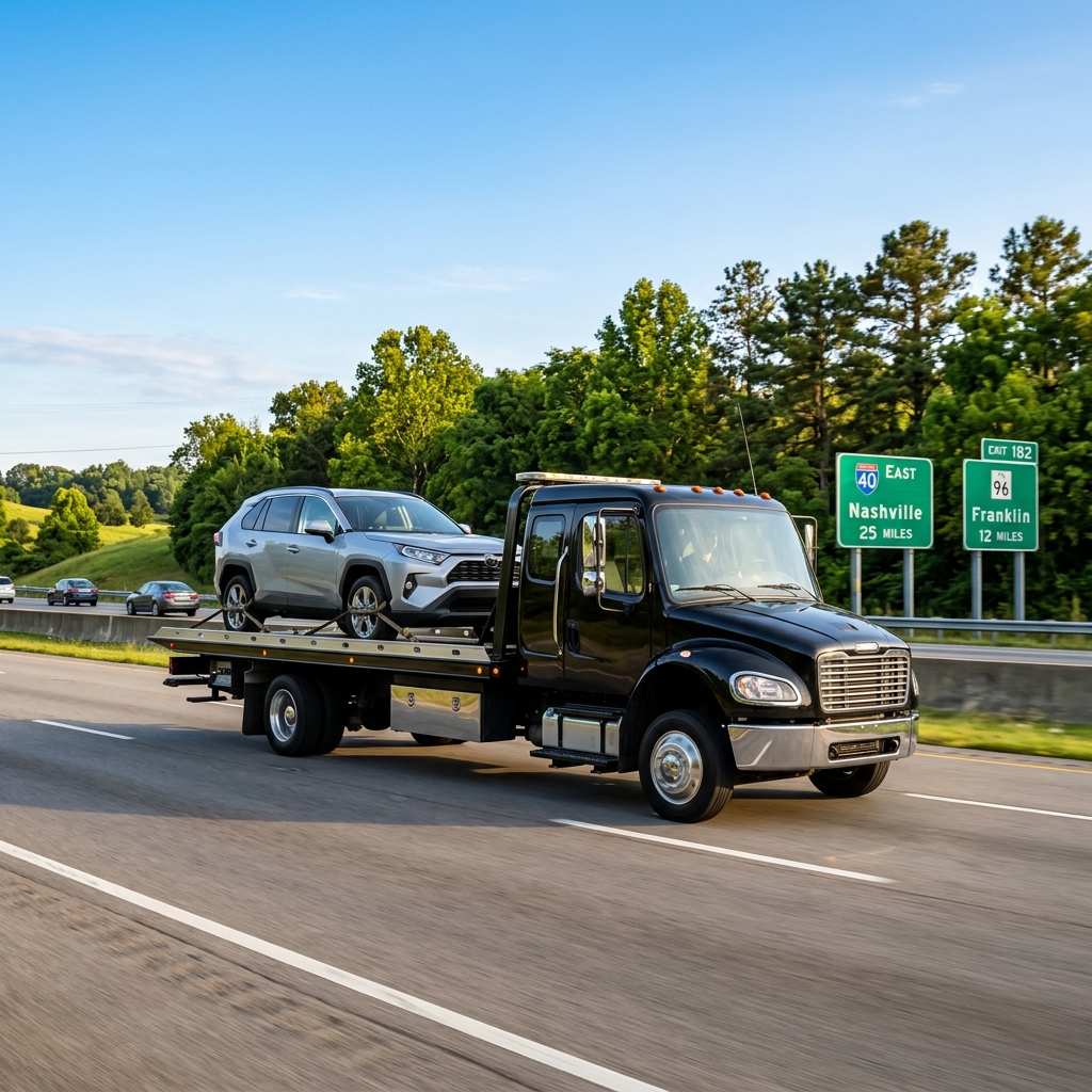 Flatbed tow truck loaded in Franklin