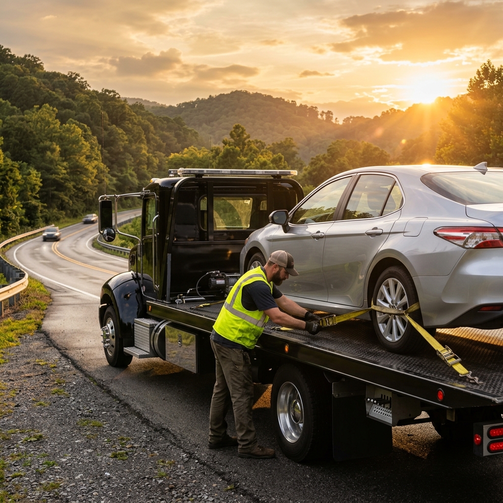 Flatbed carrying passenger car with driver in Franklin